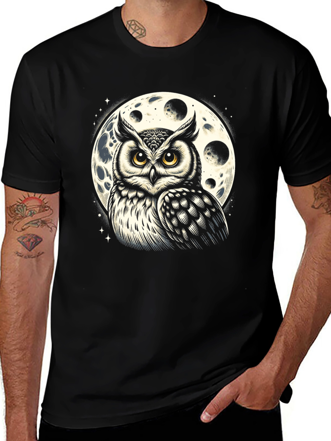 Owl & Moon Graphic Tee - Black Cotton Blend