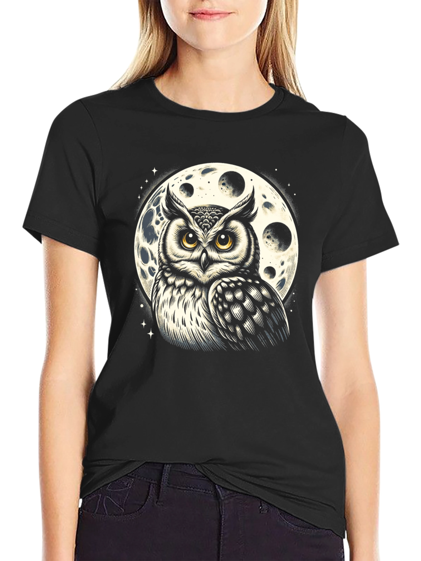 Owl & Moon Graphic Tee - Black Cotton Blend