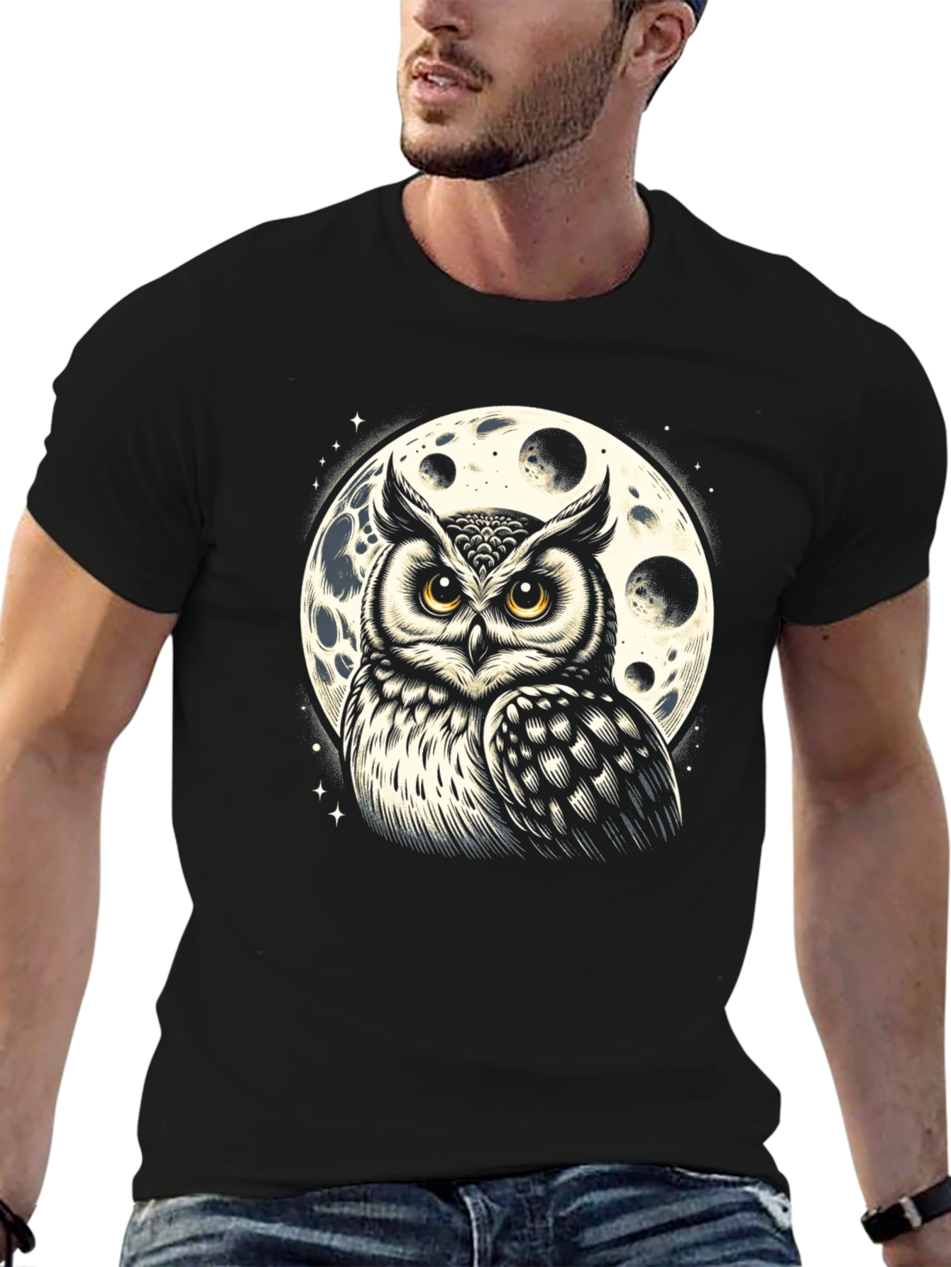 Owl & Moon Graphic Tee - Black Cotton Blend