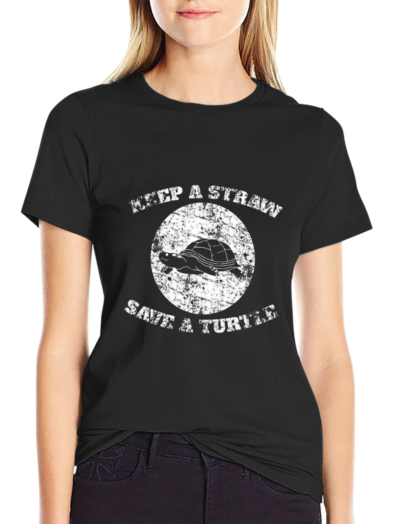 Keep A Straw Save A Turtle Black Graphic Tee