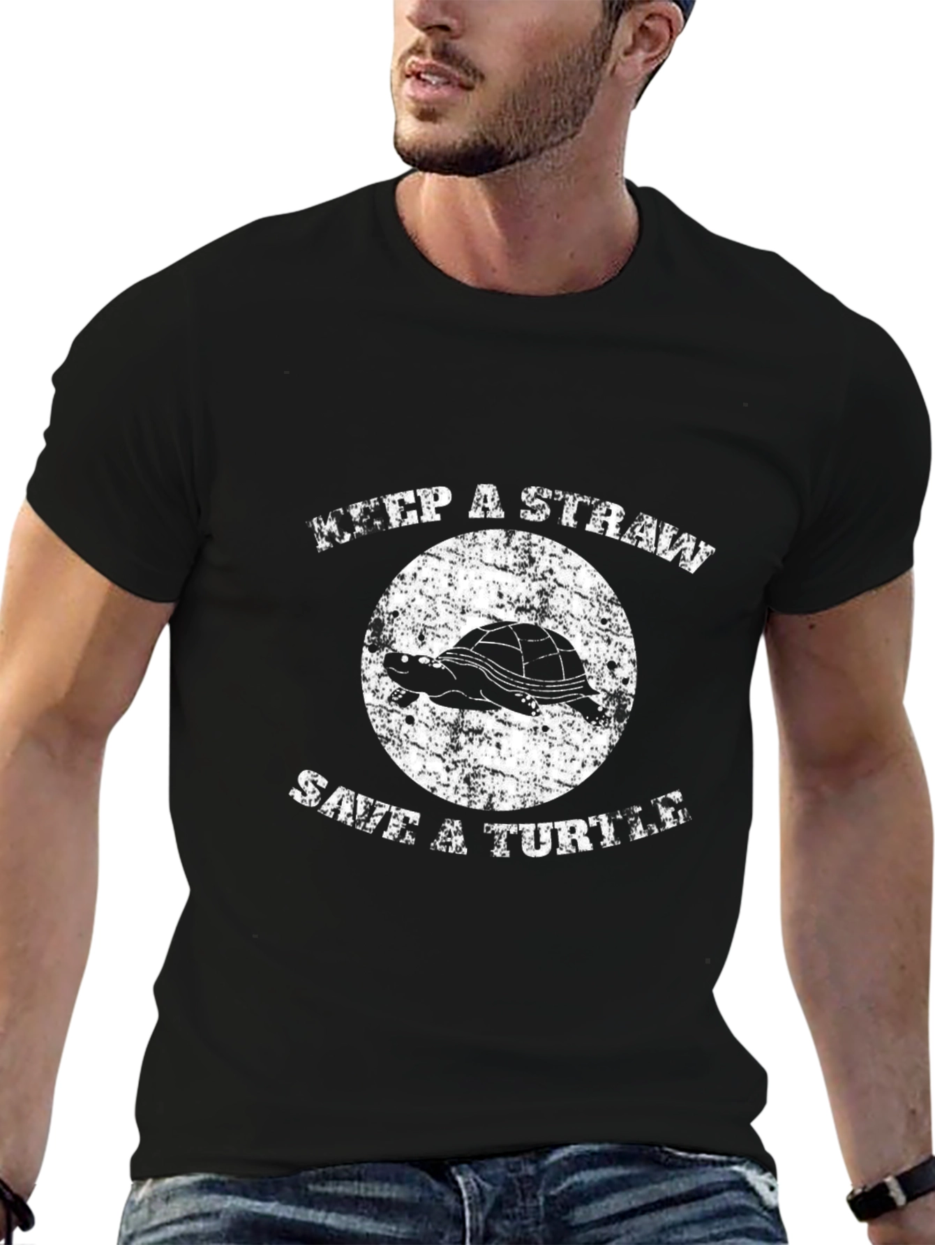 Keep A Straw Save A Turtle Black Graphic Tee
