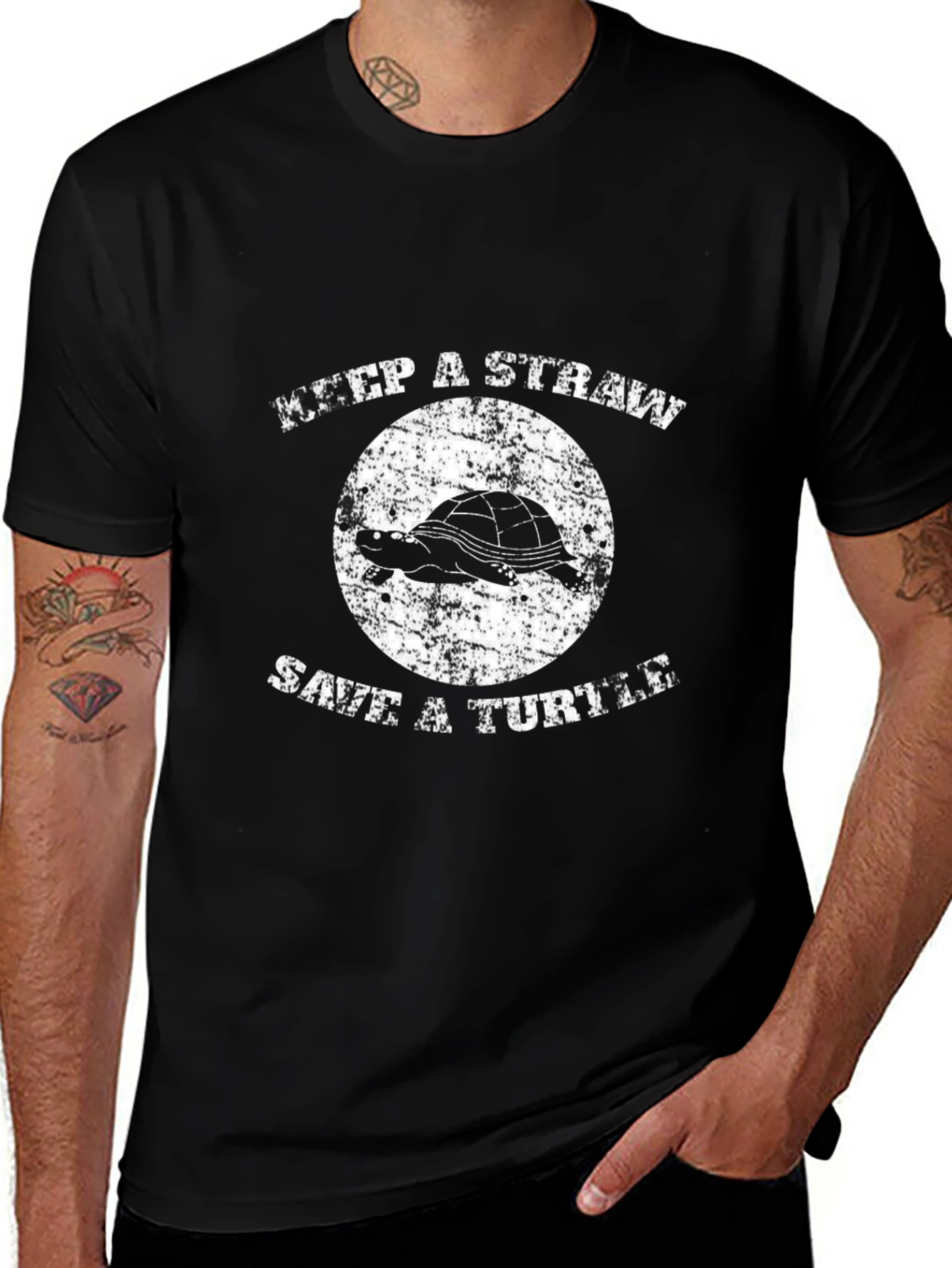 Keep A Straw Save A Turtle Black Graphic Tee