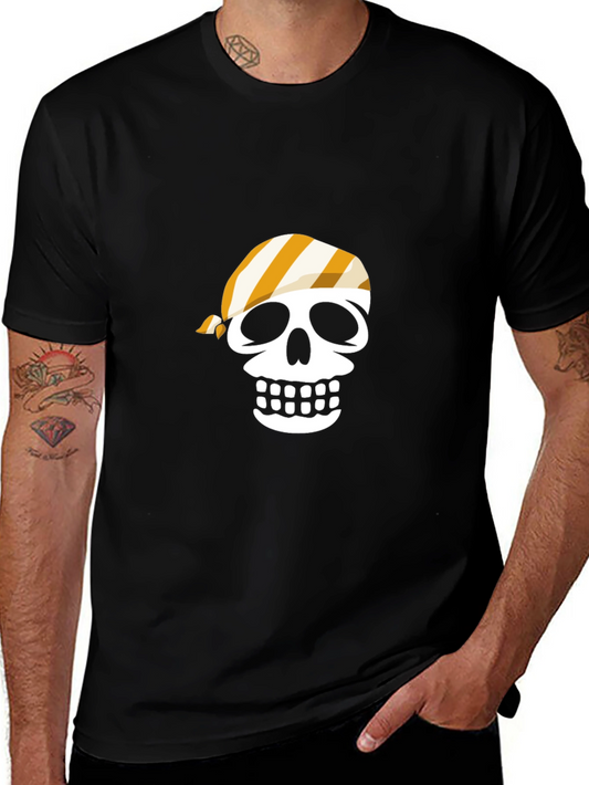 Pirate Skull Graphic Tee - Black Cotton Casual T-Shirt