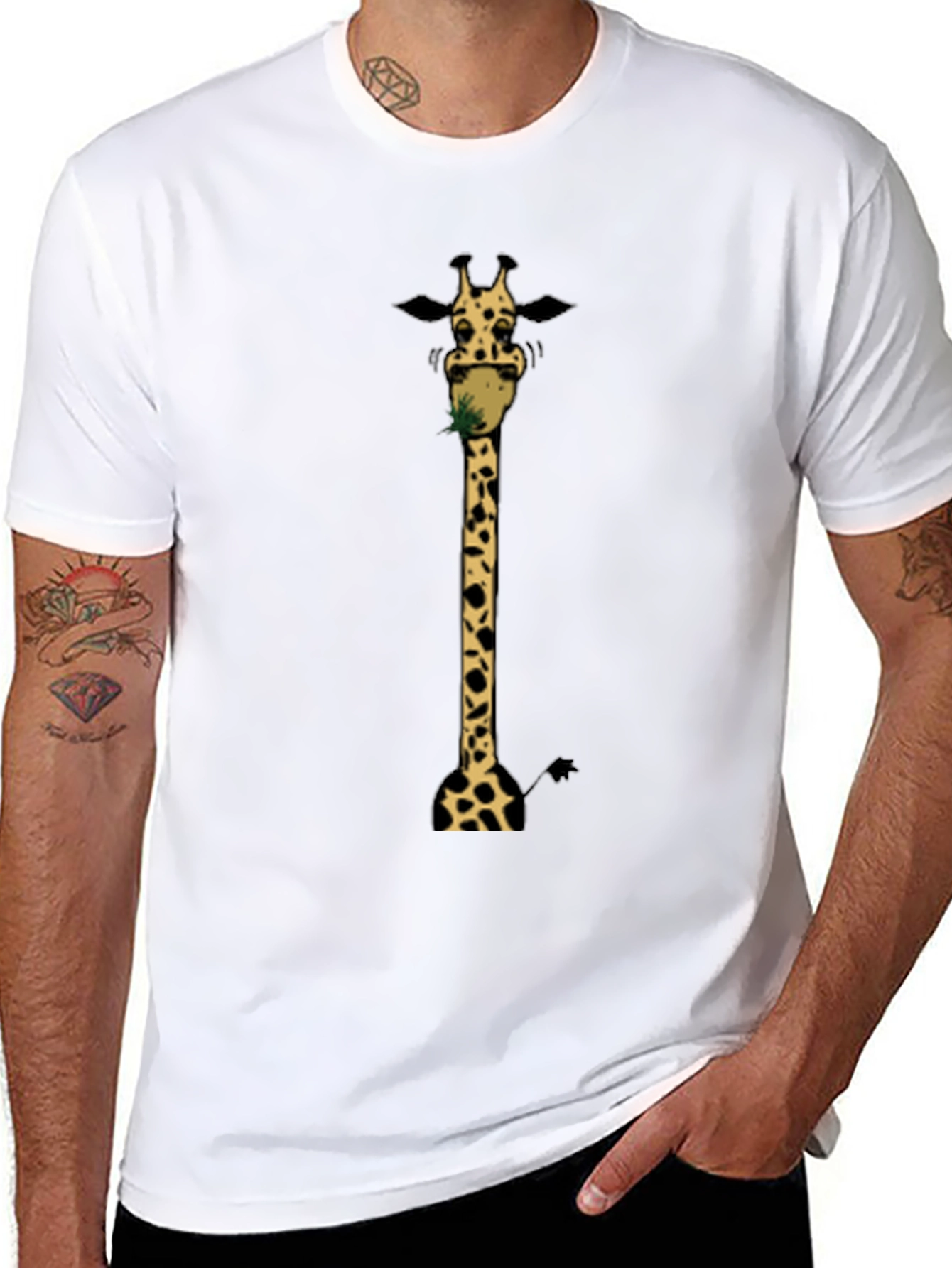Giraffe Eating Grass Graphic T-Shirt - Black Cotton Tee