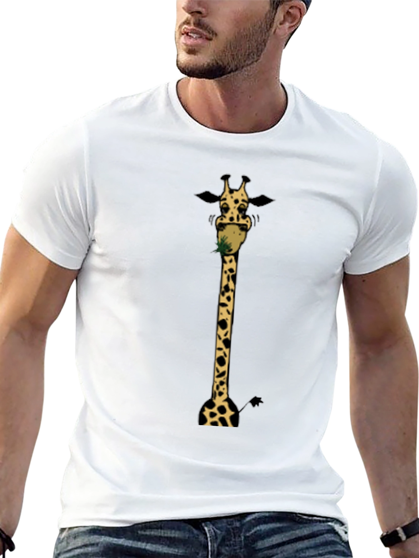 Giraffe Eating Grass Graphic T-Shirt - Black Cotton Tee