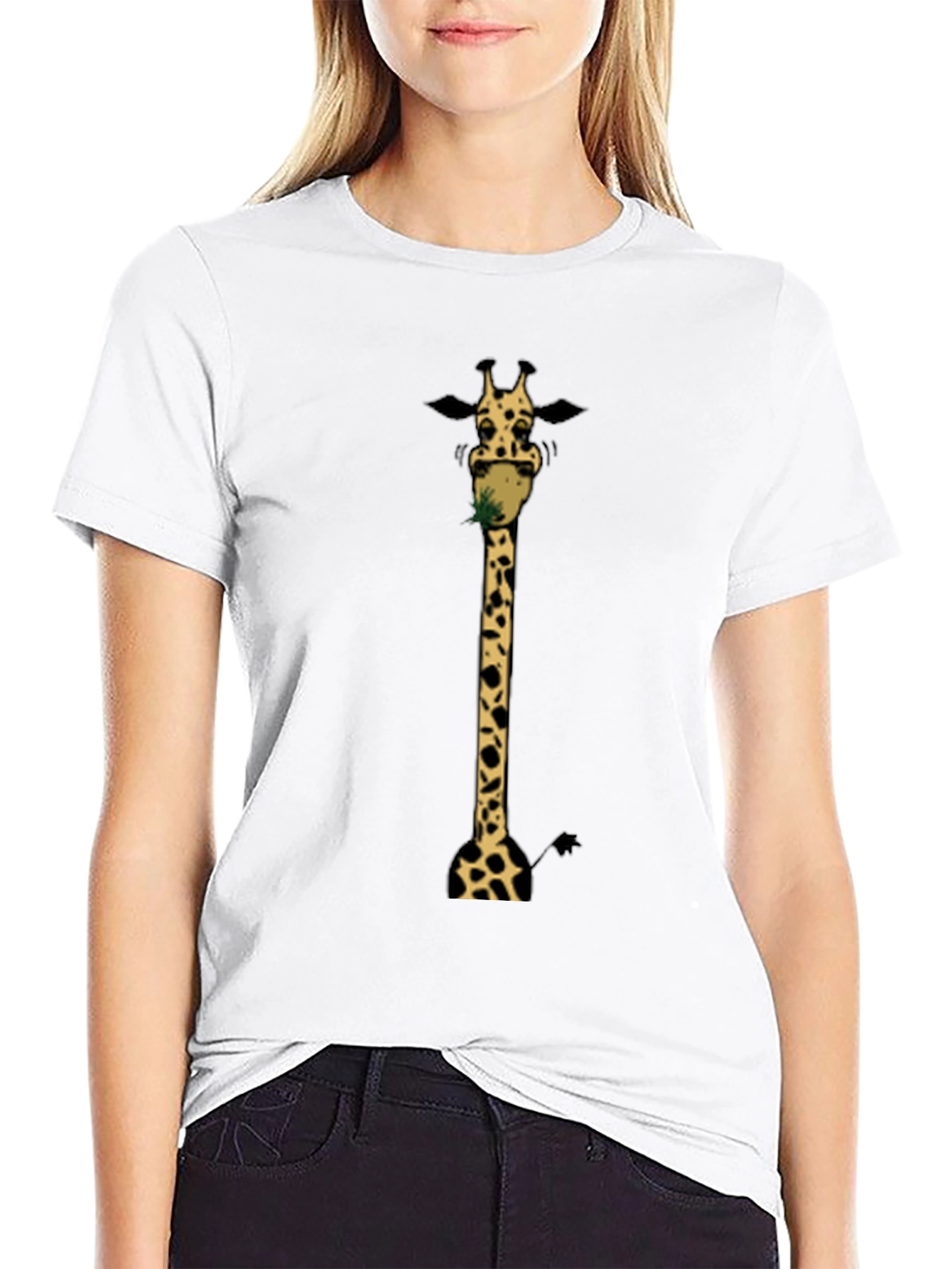 Giraffe Eating Grass Graphic T-Shirt - Black Cotton Tee
