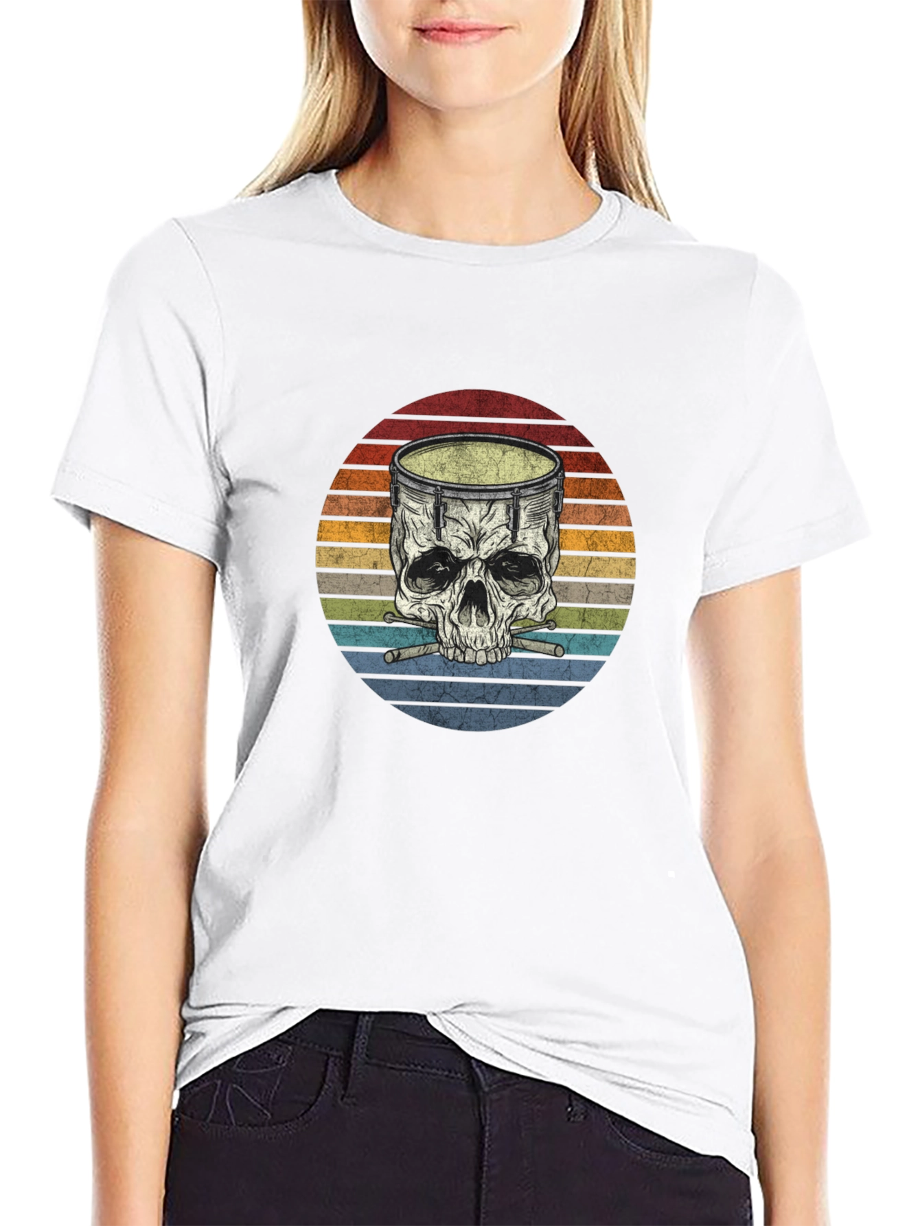 Drum Skull Graphic T-Shirt - Retro Style