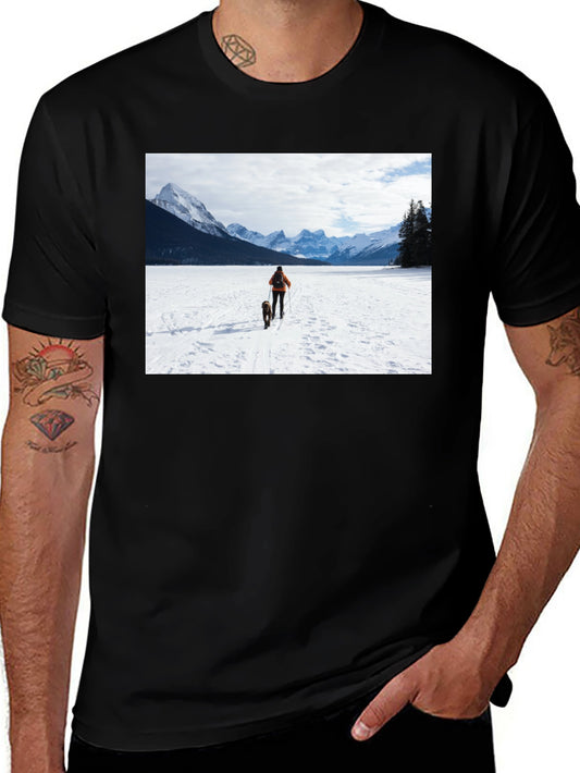 Winter Adventure T-Shirt: Skier & Dog Graphic Tee
