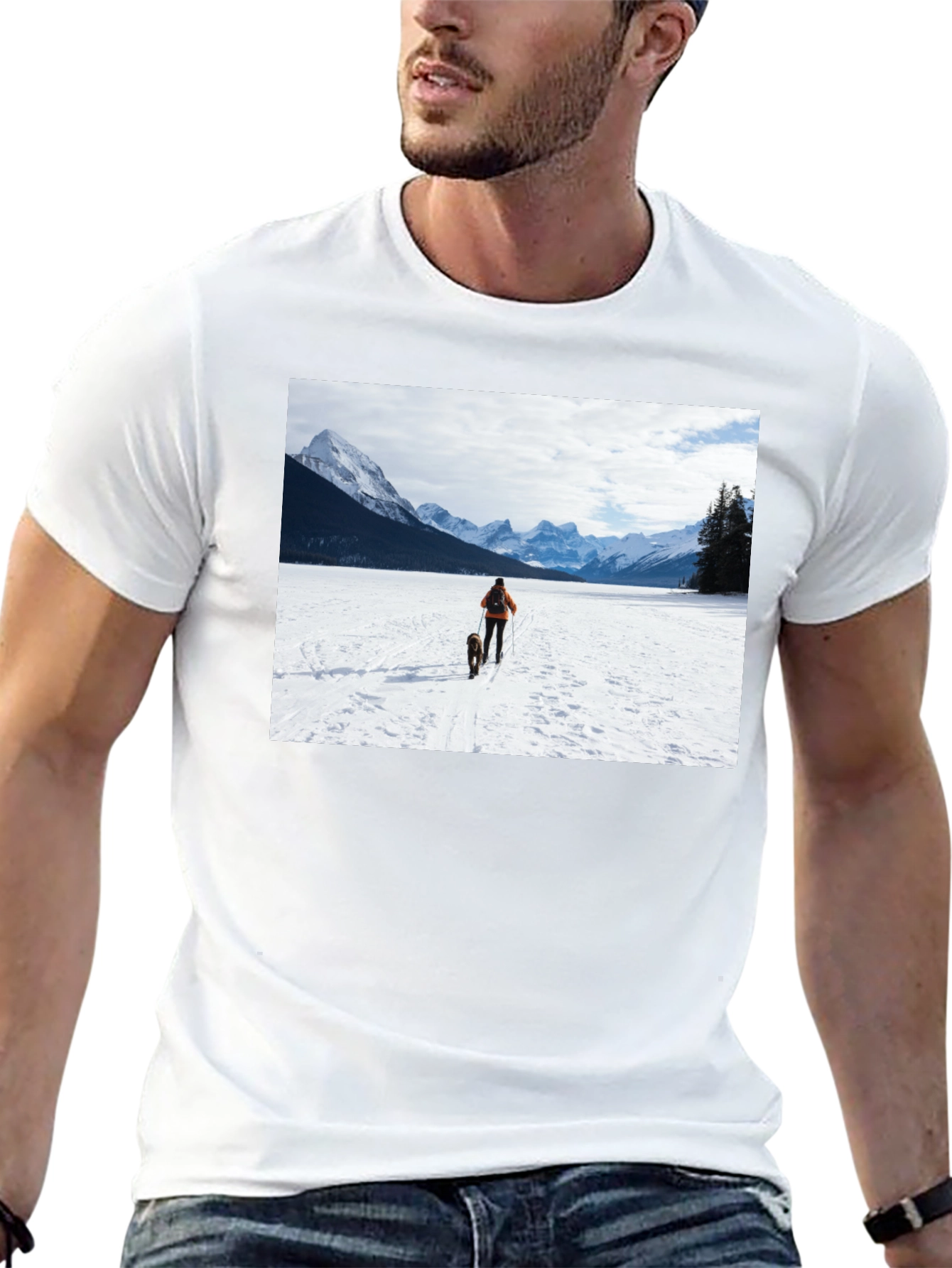 Winter Adventure T-Shirt: Skier & Dog Graphic Tee