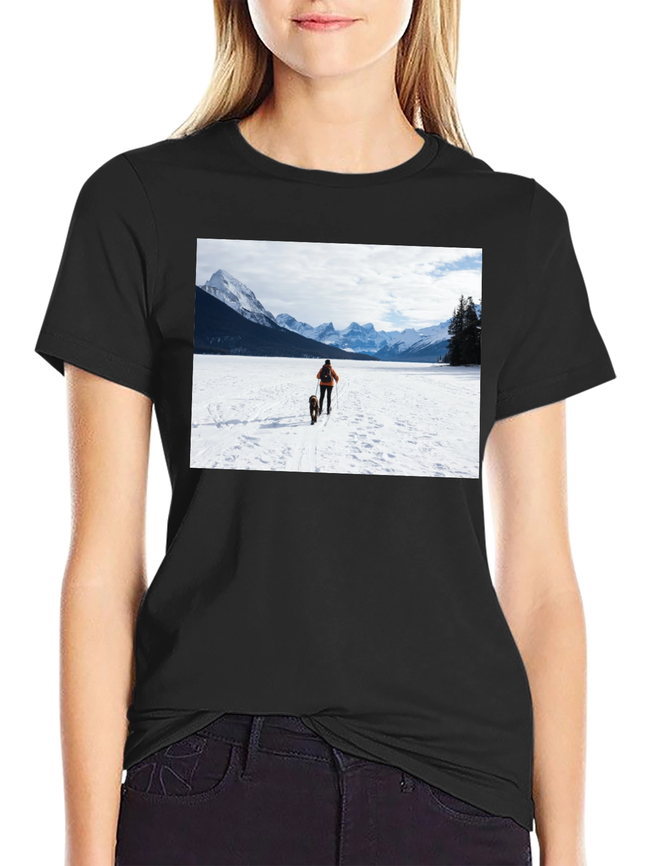 Winter Adventure T-Shirt: Skier & Dog Graphic Tee