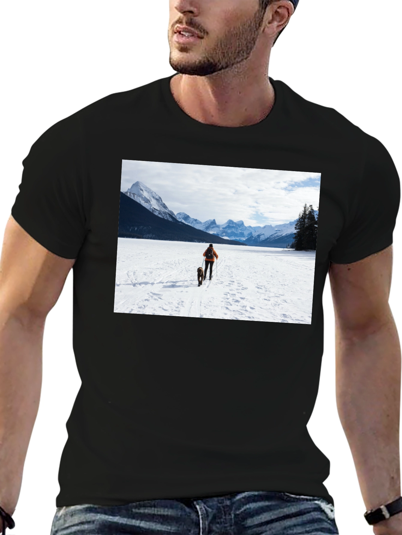 Winter Adventure T-Shirt: Skier & Dog Graphic Tee