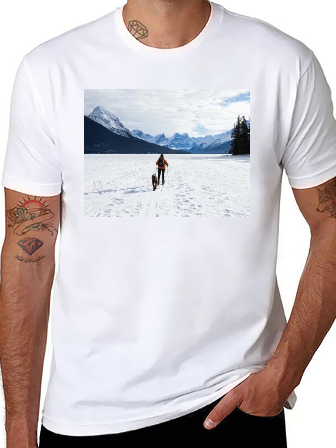 Winter Adventure T-Shirt: Skier & Dog Graphic Tee