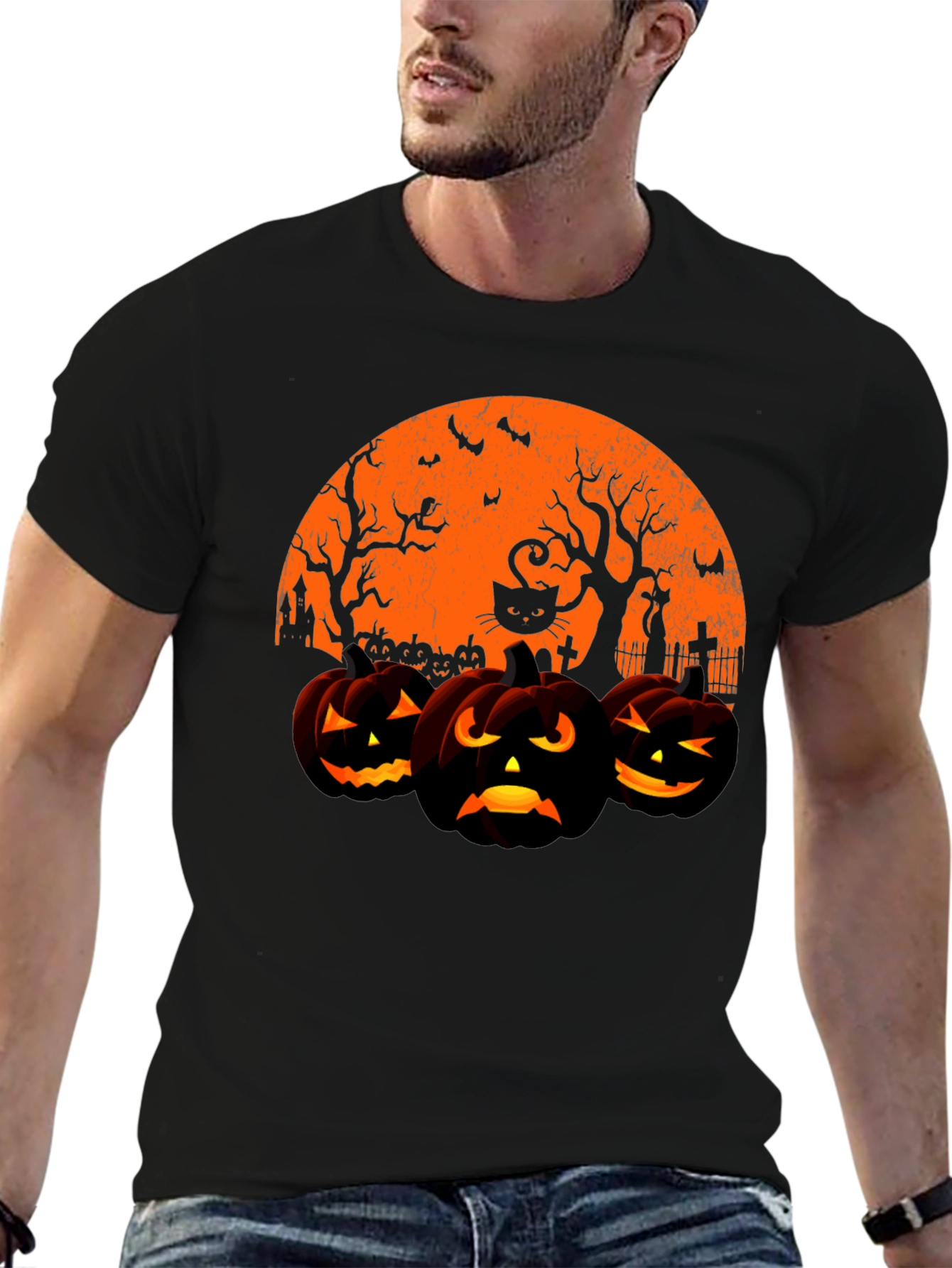 Halloween Pumpkin & Cat Graphic T-Shirt