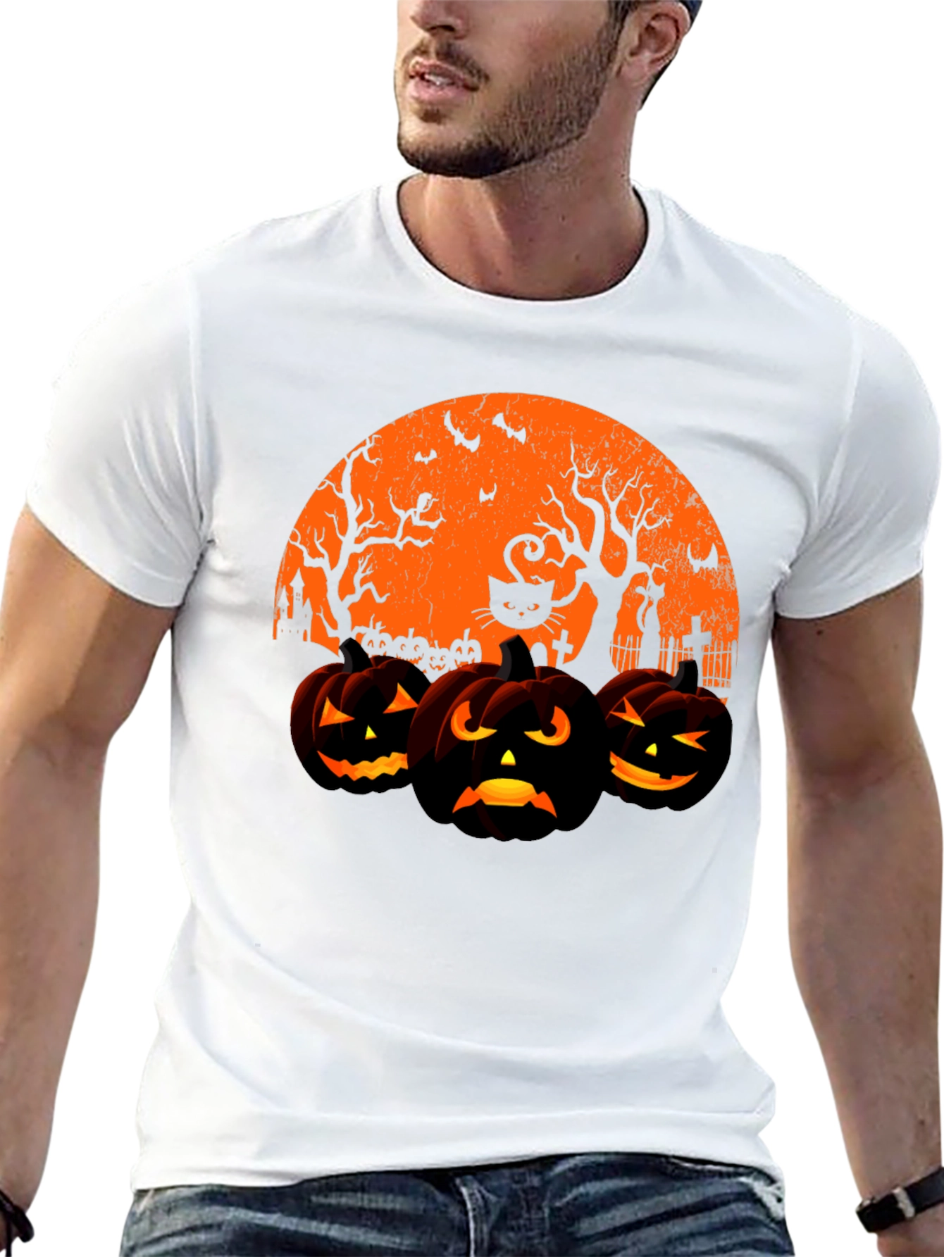Halloween Pumpkin & Cat Graphic T-Shirt
