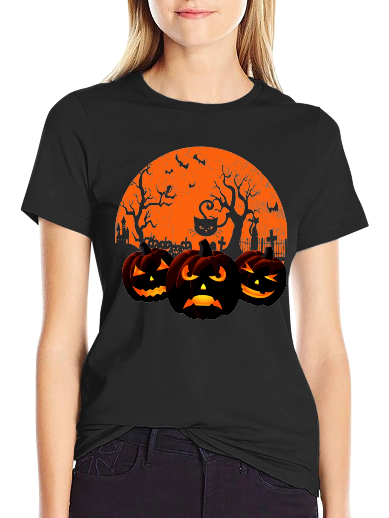 Halloween Pumpkin & Cat Graphic T-Shirt