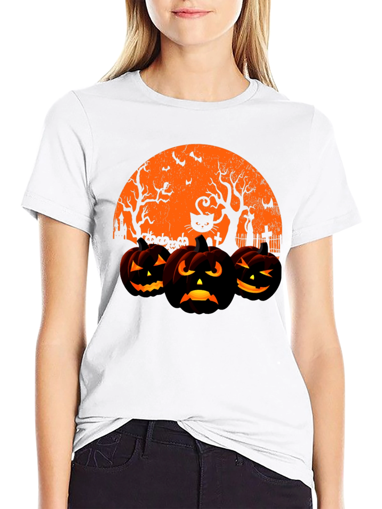 Halloween Pumpkin & Cat Graphic T-Shirt