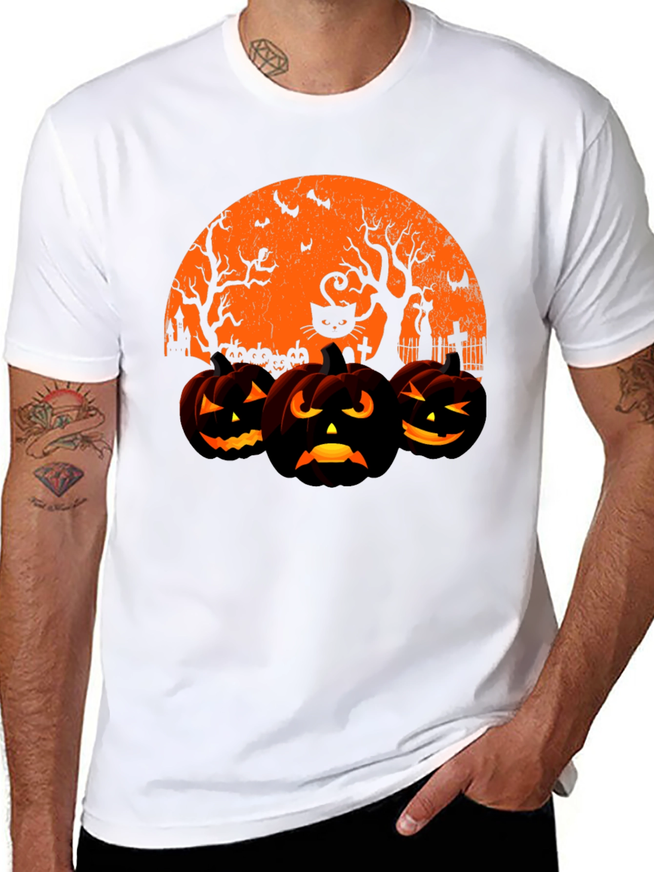 Halloween Pumpkin & Cat Graphic T-Shirt