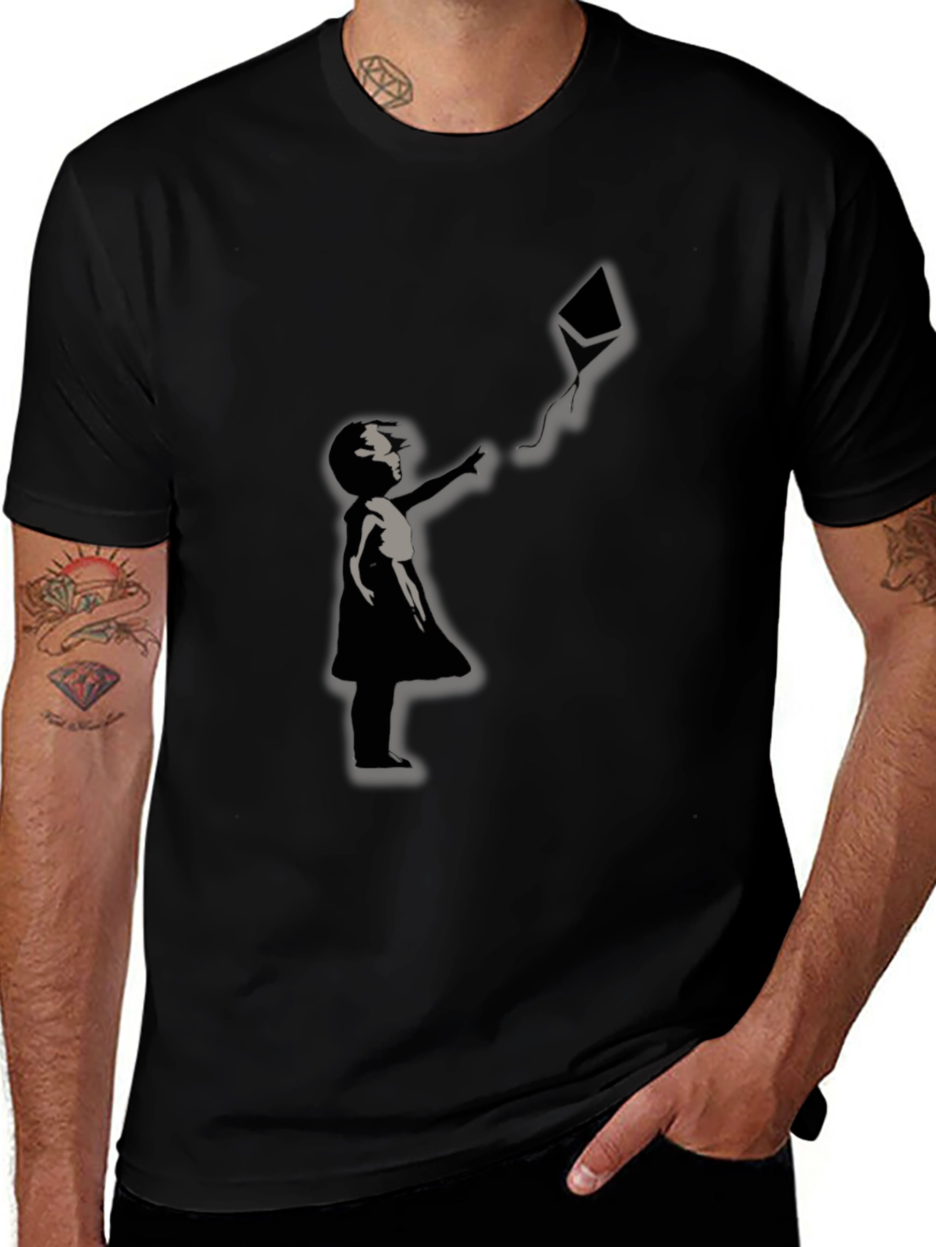 Girl and Kite Graphic T-Shirt - Crew Neck Black