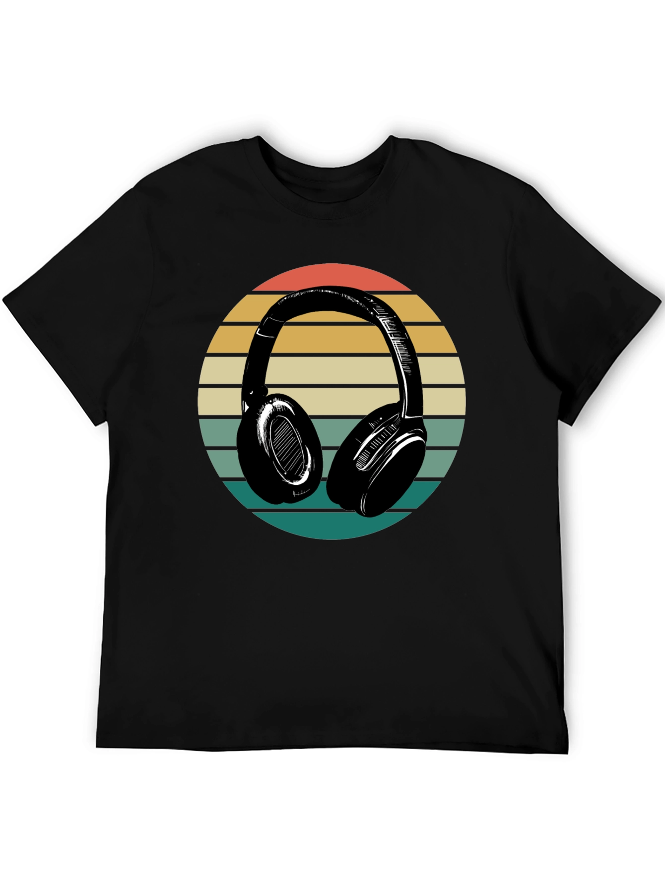 Retro Headphones Graphic Tee - Black Cotton Blend