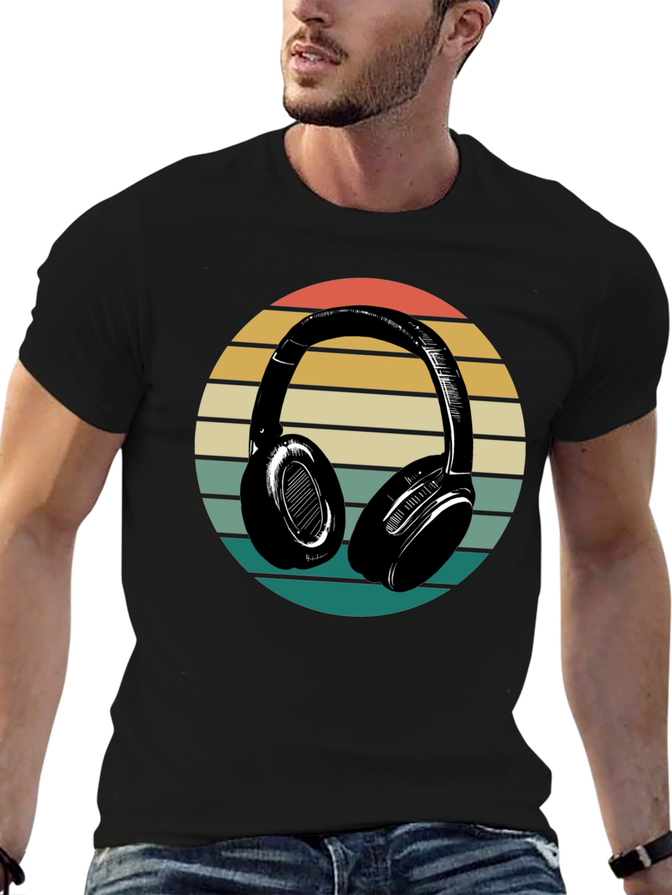 Retro Headphones Graphic Tee - Black Cotton Blend