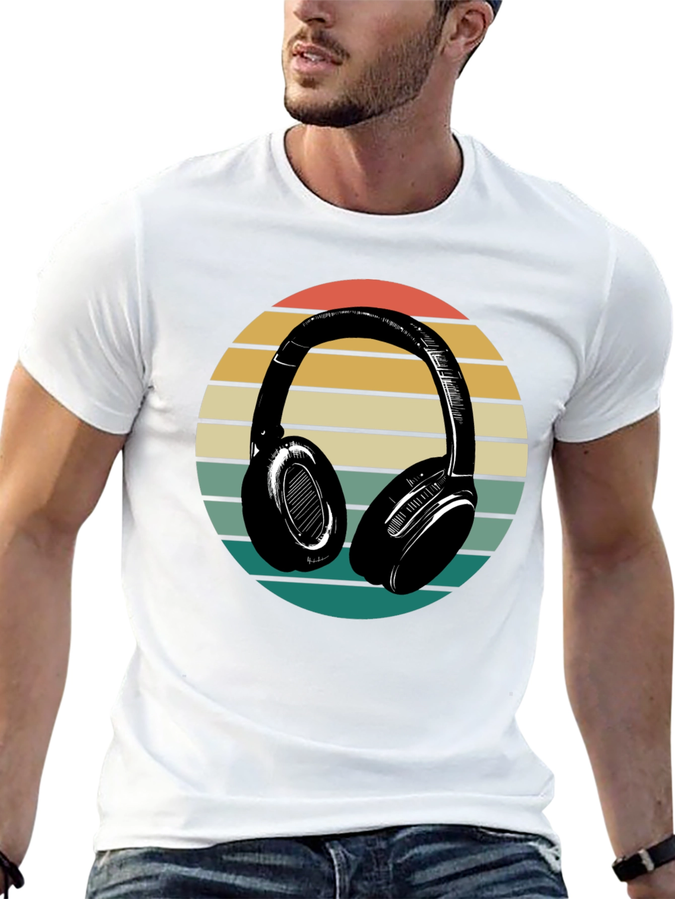 Retro Headphones Graphic Tee - Black Cotton Blend