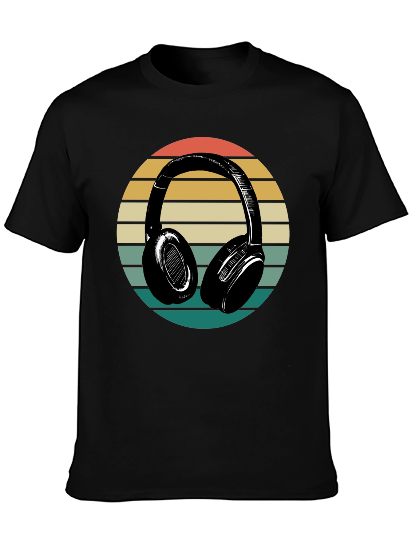 Retro Headphones Graphic Tee - Black Cotton Blend