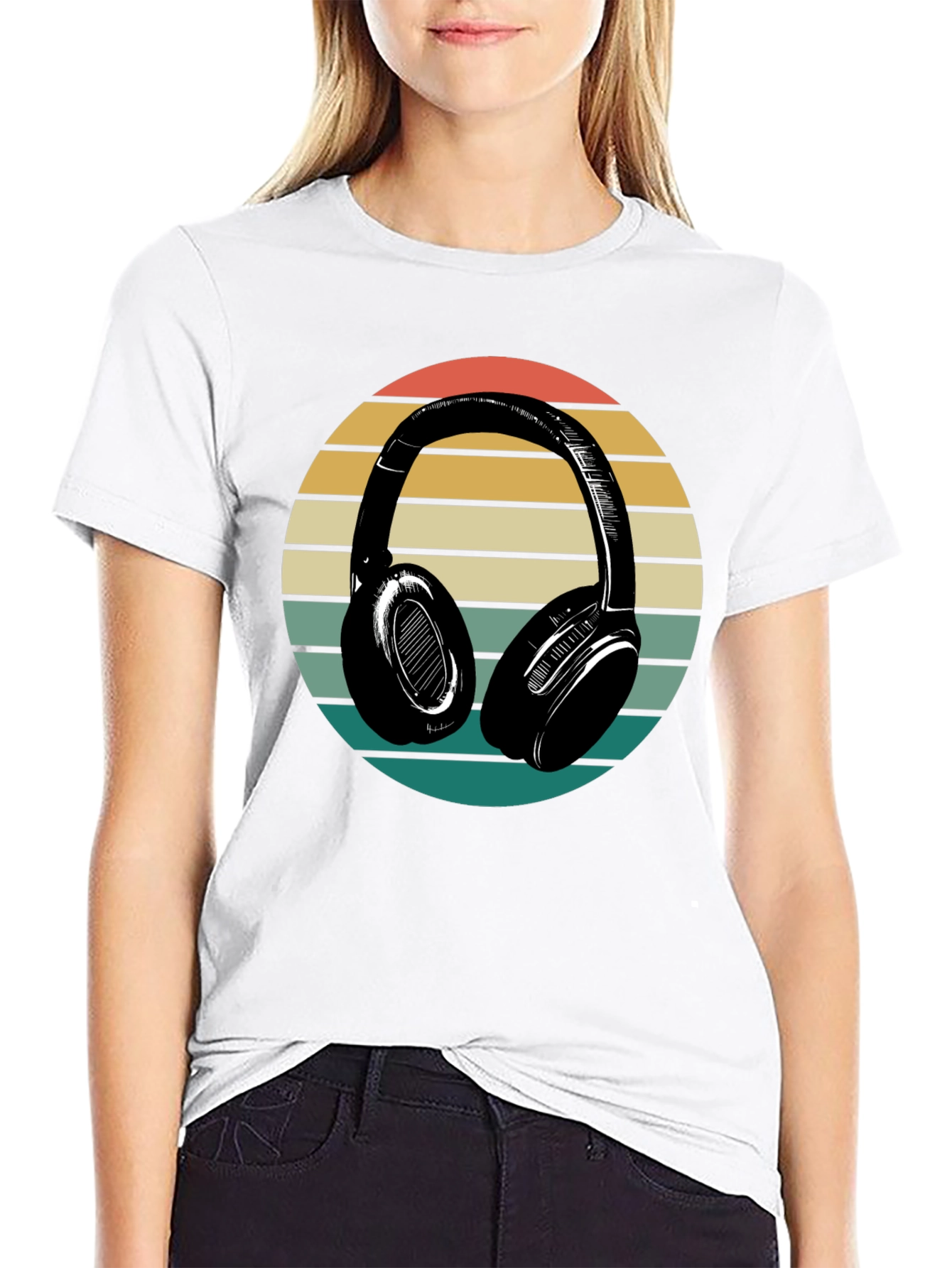 Retro Headphones Graphic Tee - Black Cotton Blend