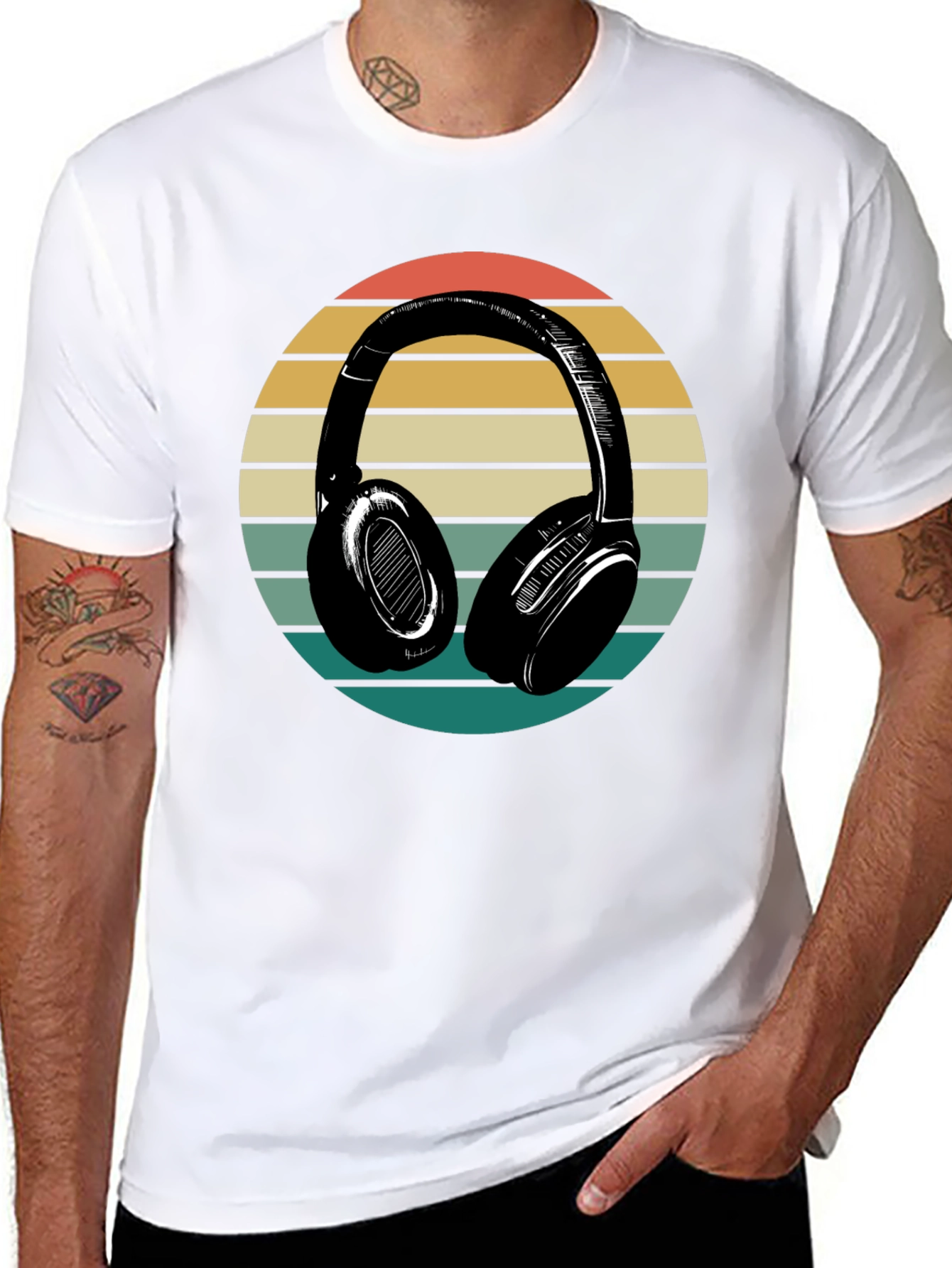 Retro Headphones Graphic Tee - Black Cotton Blend