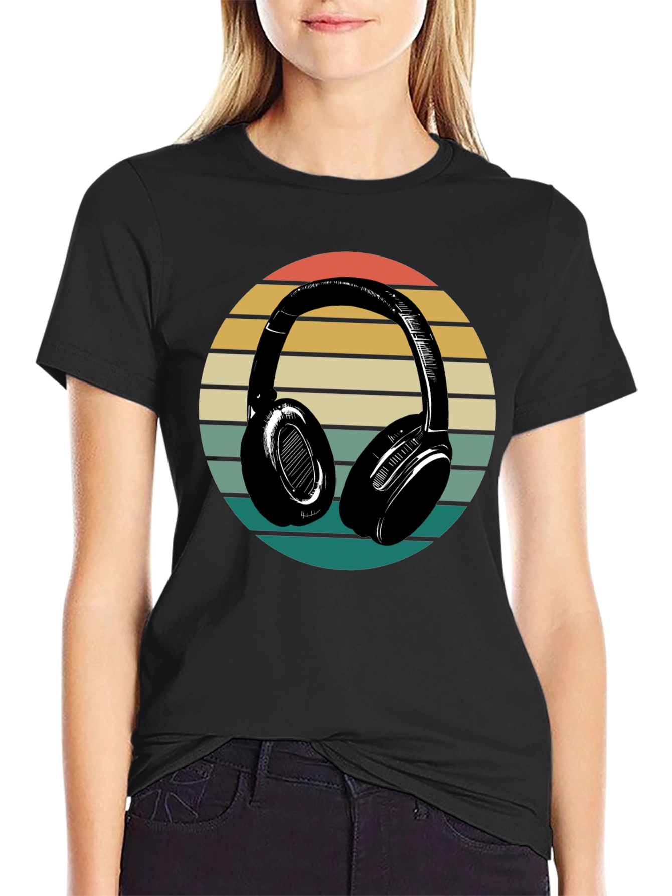 Retro Headphones Graphic Tee - Black Cotton Blend