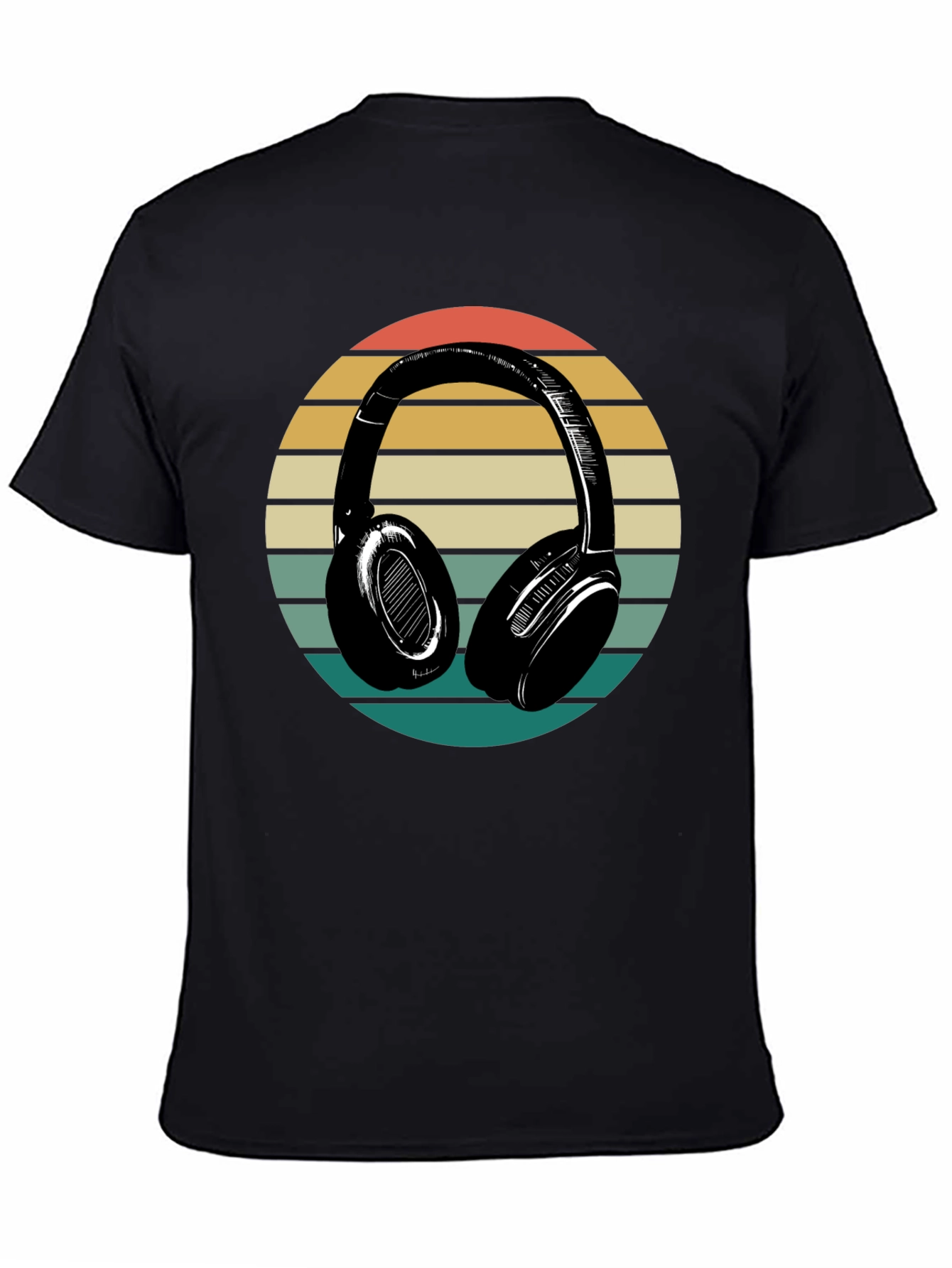 Retro Headphones Graphic Tee - Black Cotton Blend