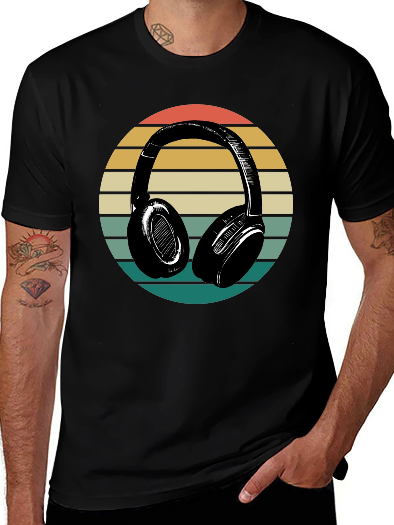 Retro Headphones Graphic Tee - Black Cotton Blend