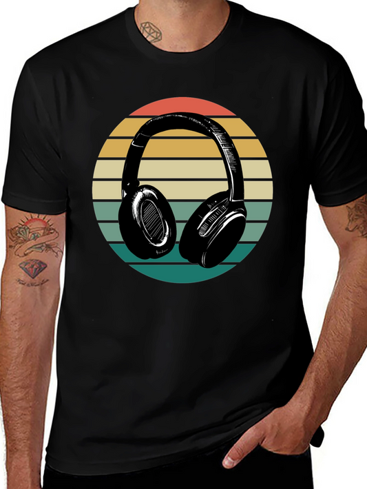 Retro Headphones Graphic Tee - Black Cotton Blend