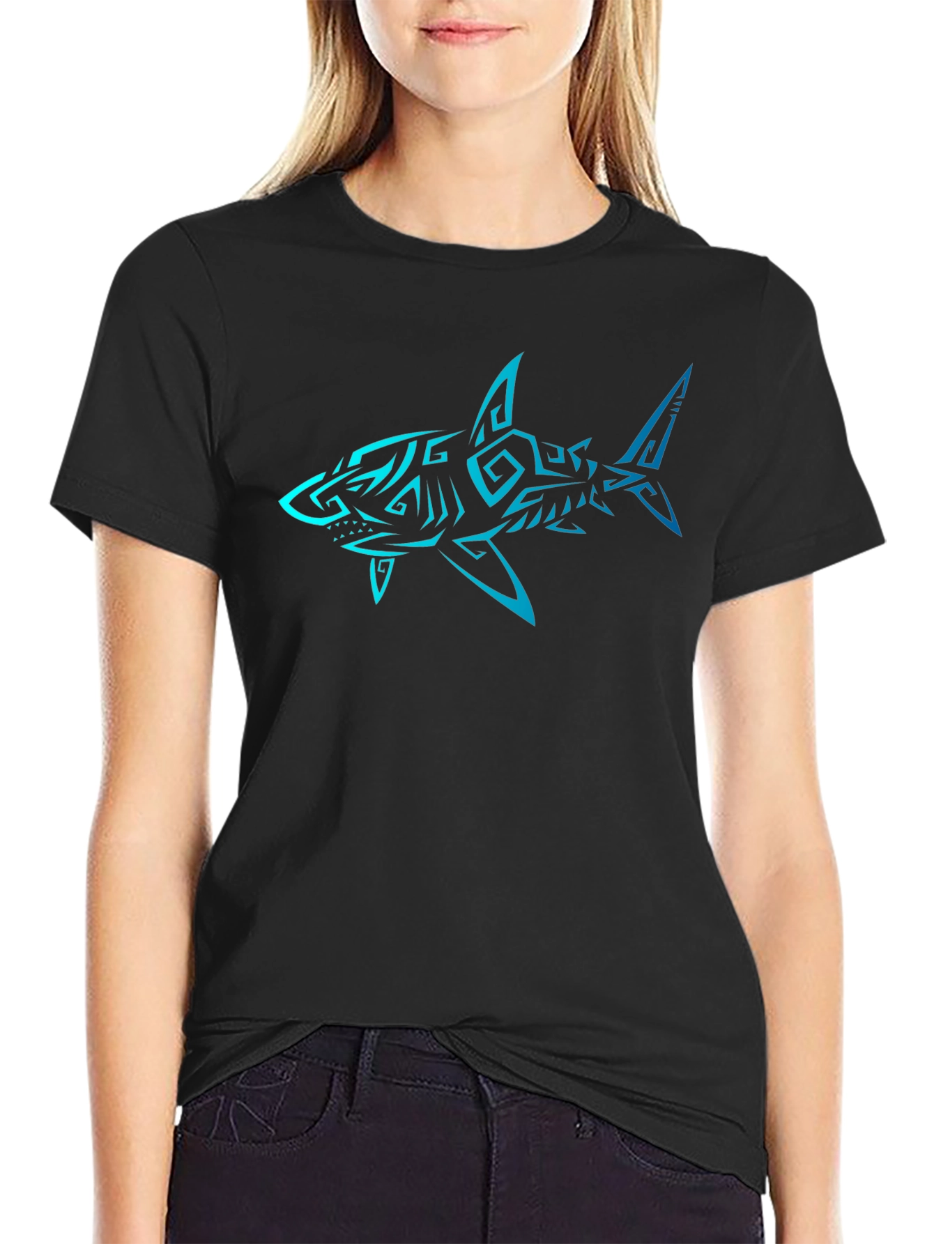 Tribal Shark Graphic Black T-Shirt