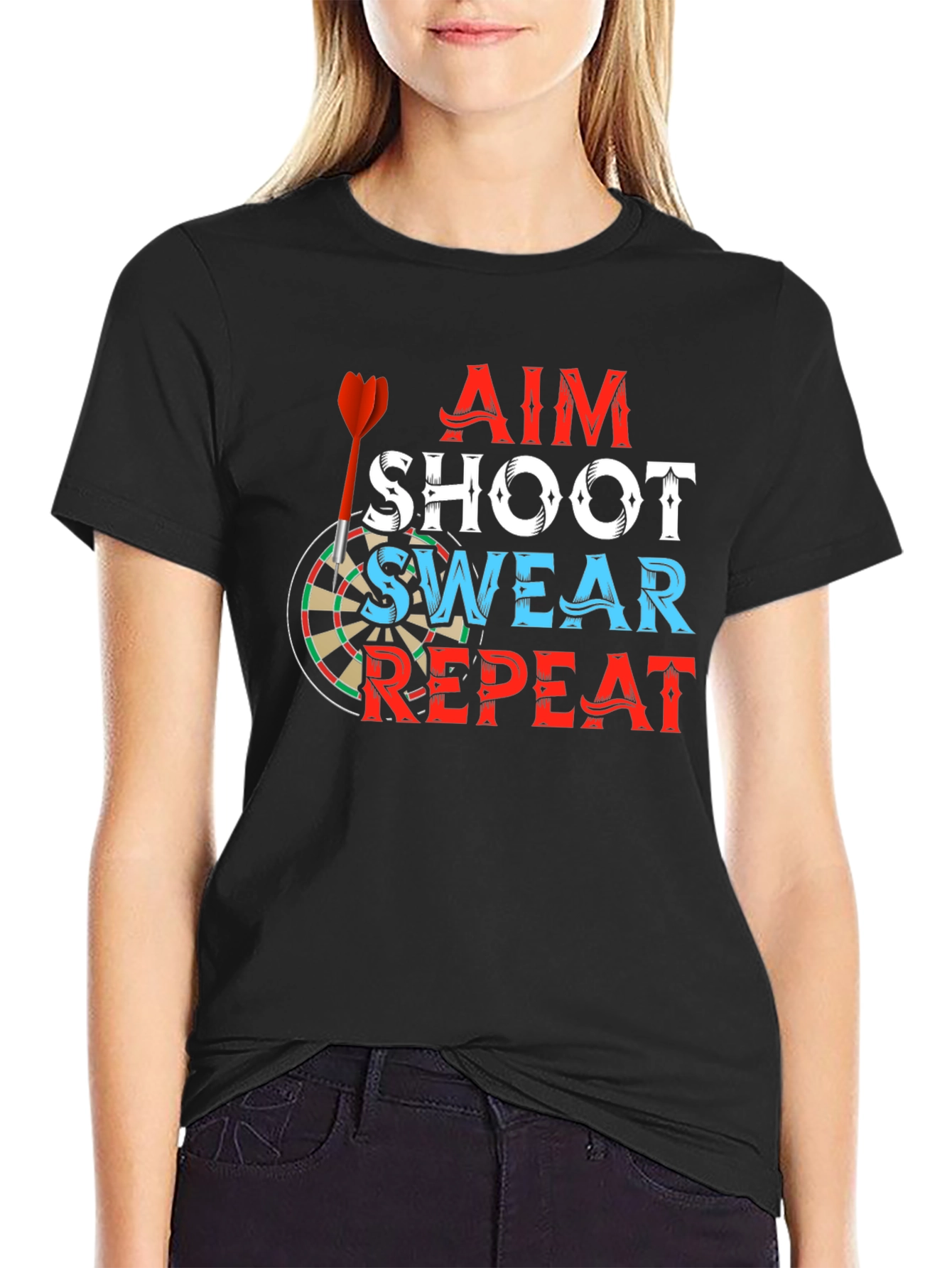 Aim Shoot Swear Repeat T-Shirt Darts Game Tee