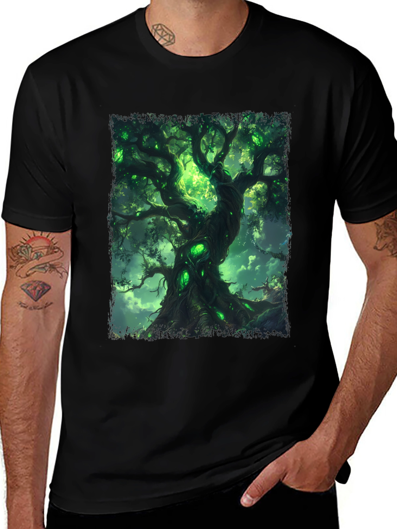 Mystic Green Tree Graphic Tee - Fantasy Inspired Design