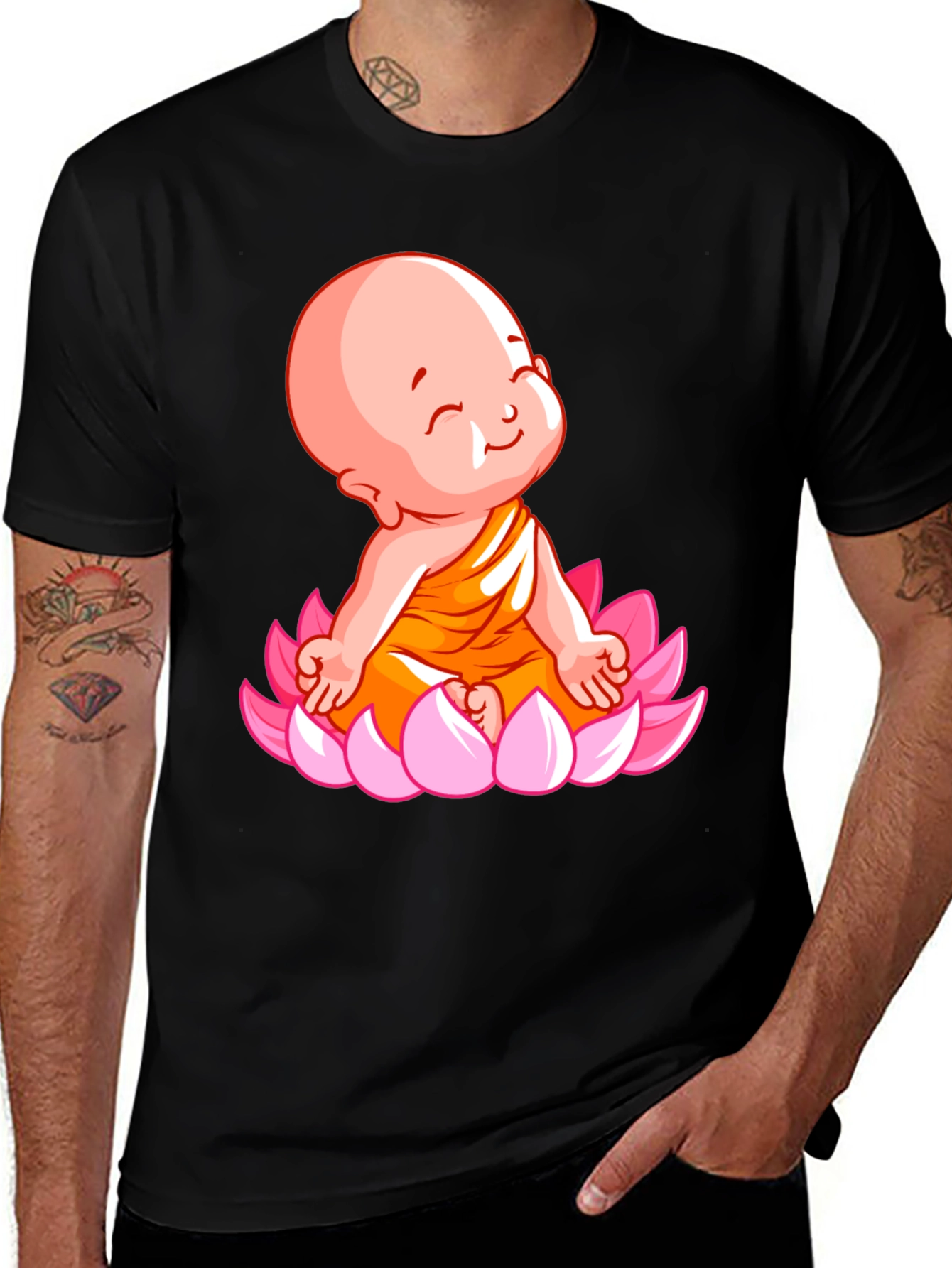 Cute Baby Buddha Lotus Flower T-Shirt - Black