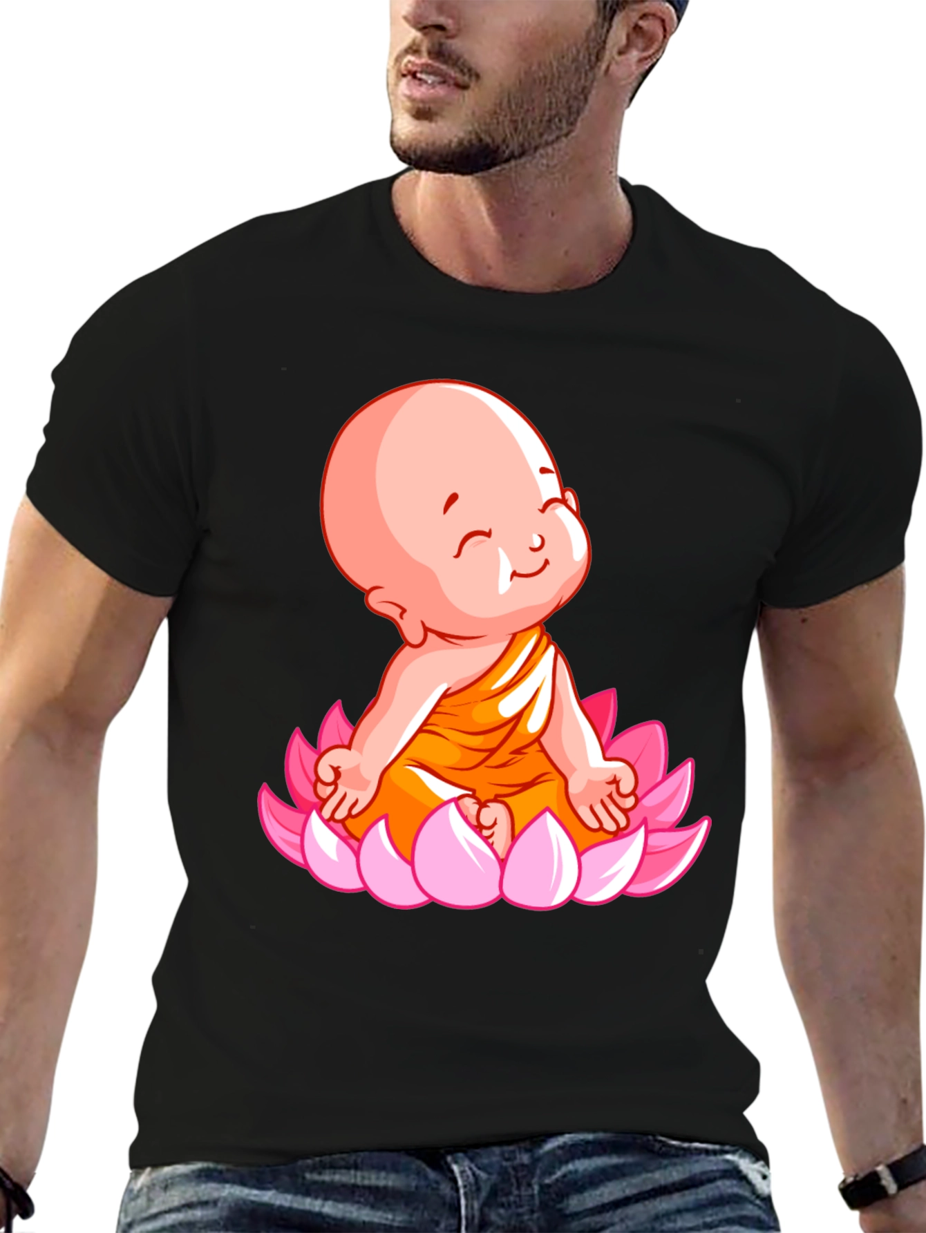 Cute Baby Buddha Lotus Flower T-Shirt - Black