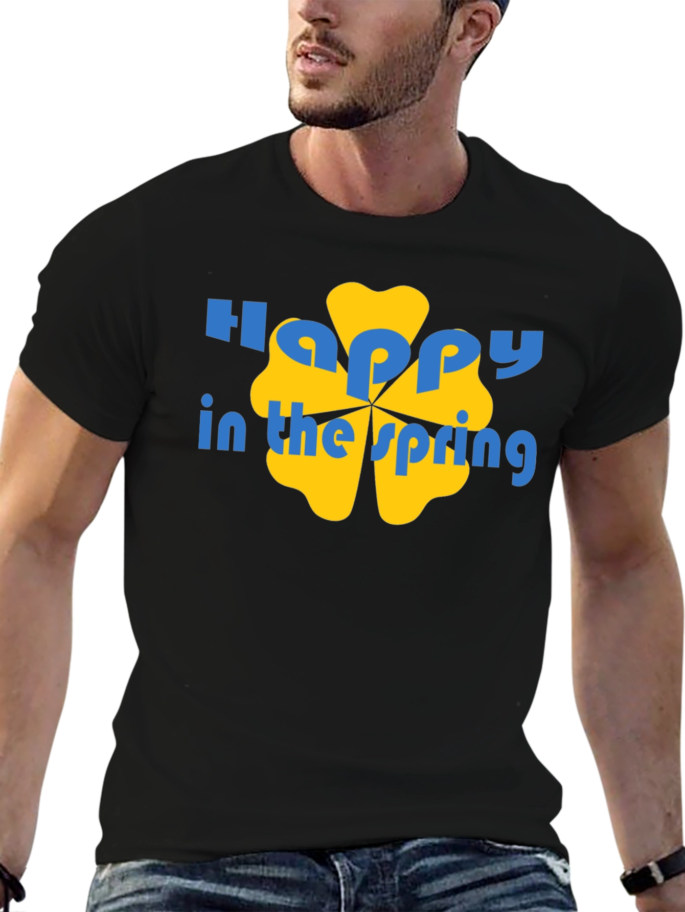 Happy Spring Graphic Tee - Black Cotton Casual Shirt