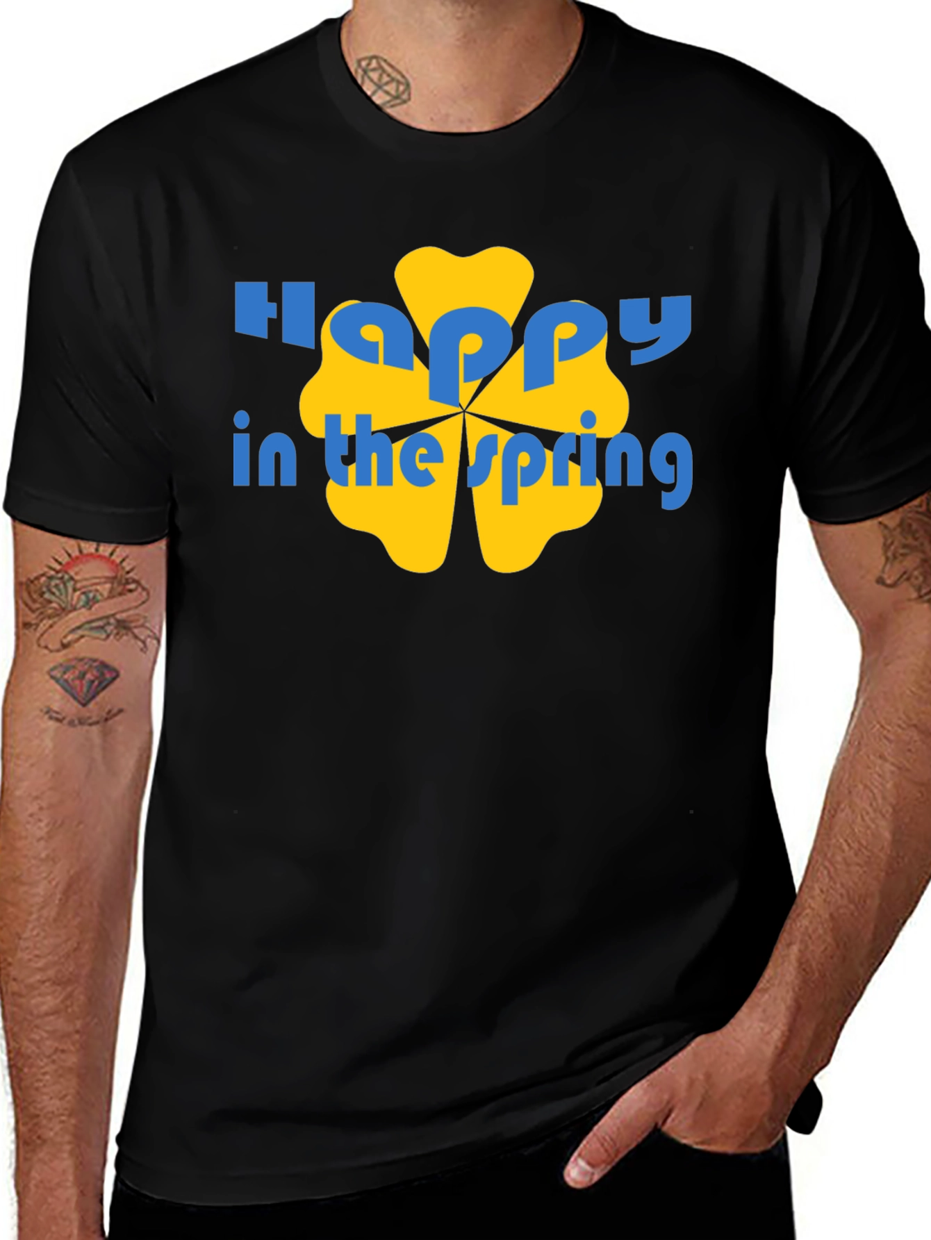 Happy Spring Graphic Tee - Black Cotton Casual Shirt
