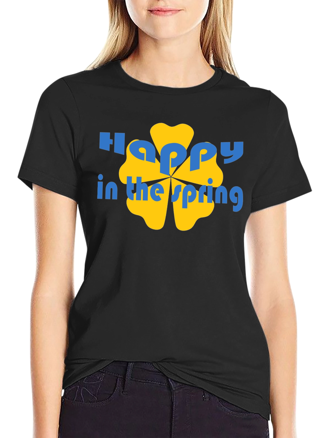 Happy Spring Graphic Tee - Black Cotton Casual Shirt