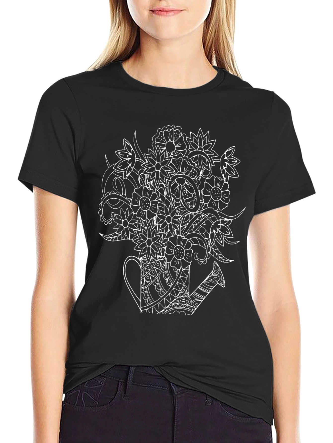 Floral Watering Can Graphic T-Shirt - Black