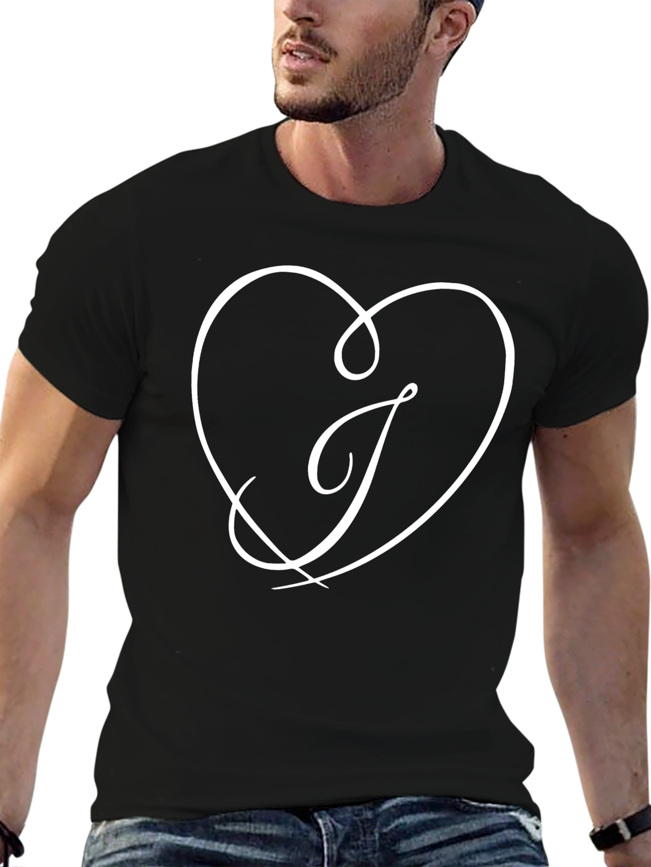 Black T-Shirt with Heart and Letter J Design
