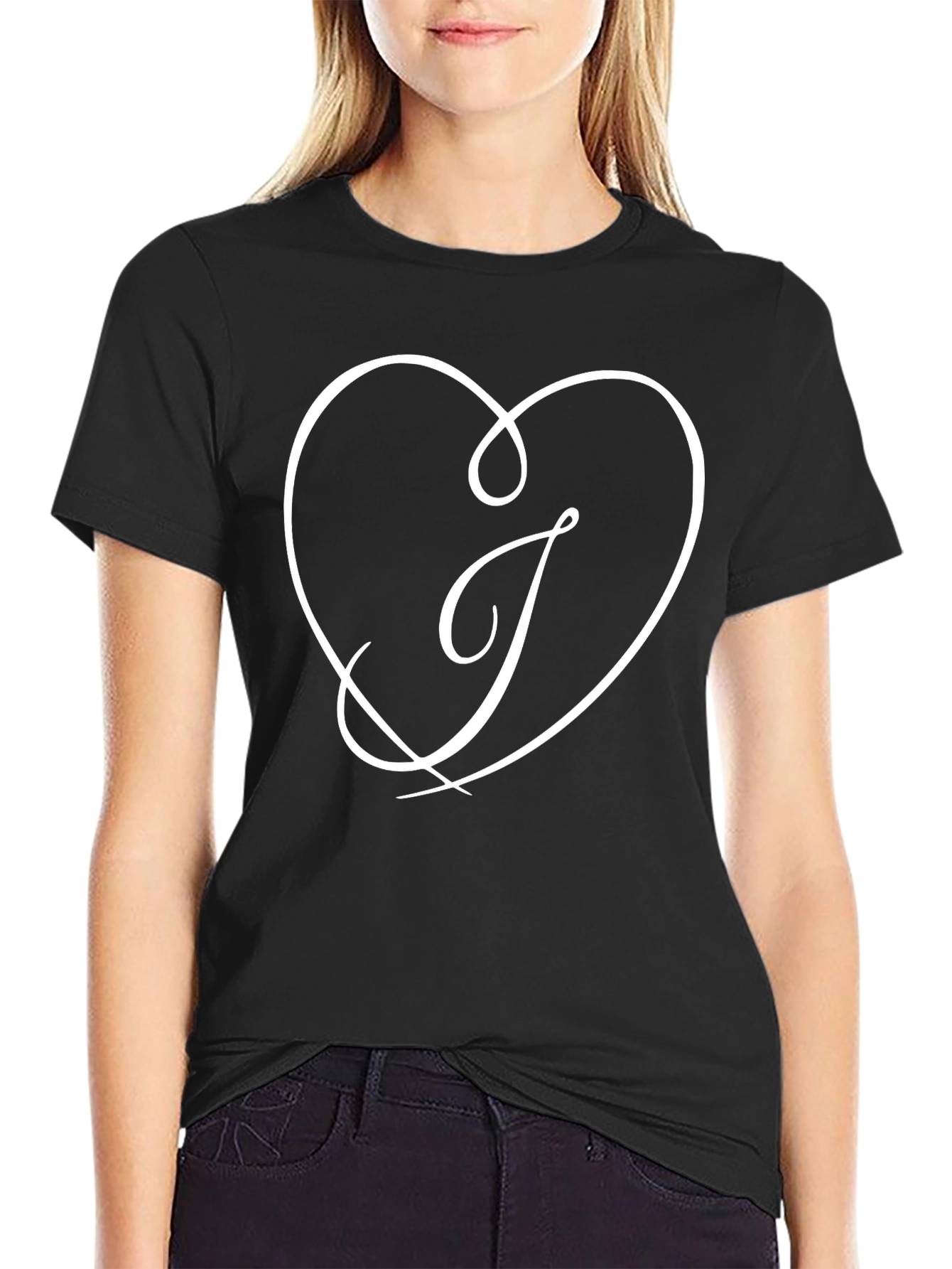Black T-Shirt with Heart and Letter J Design