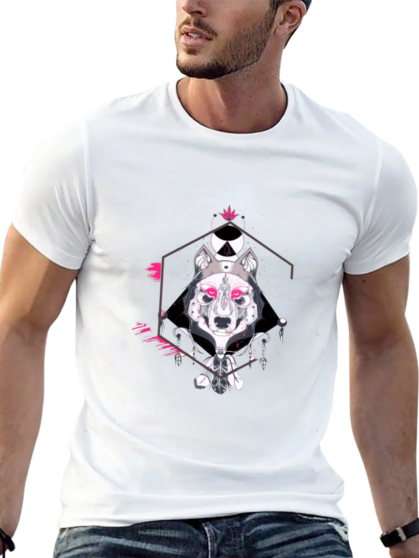Geometric Wolf Graphic Print Black T-Shirt