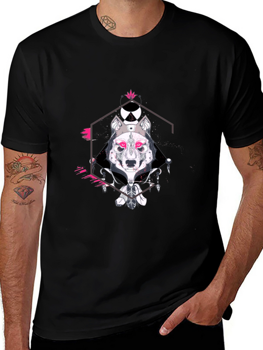 Geometric Wolf Graphic Print Black T-Shirt