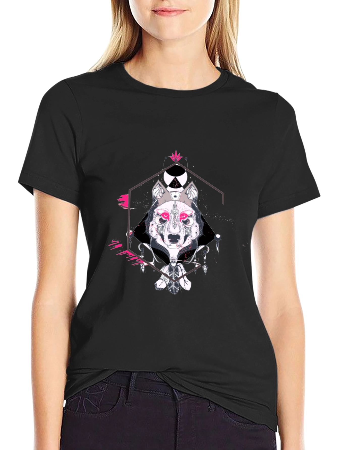 Geometric Wolf Graphic Print Black T-Shirt