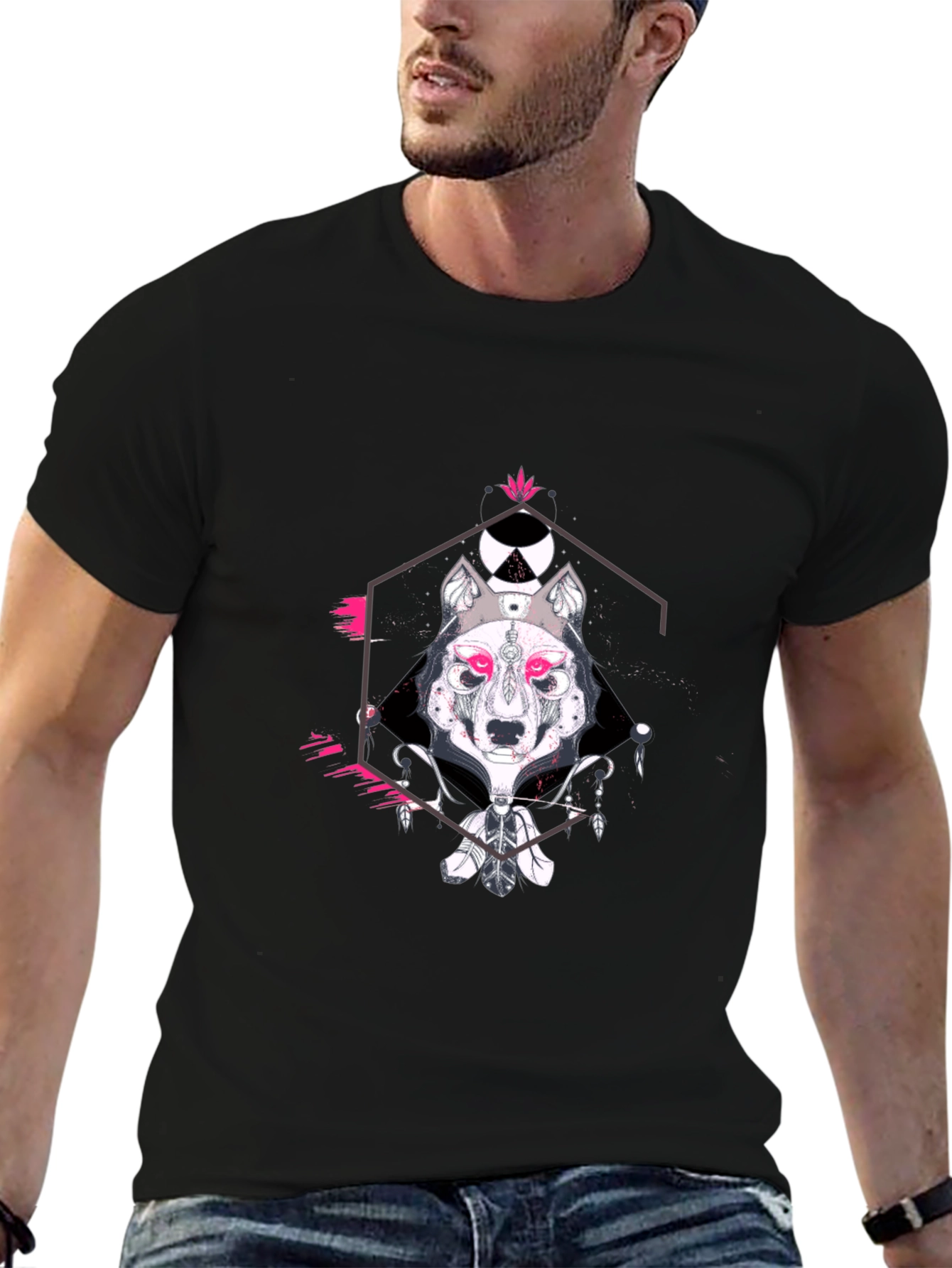 Geometric Wolf Graphic Print Black T-Shirt
