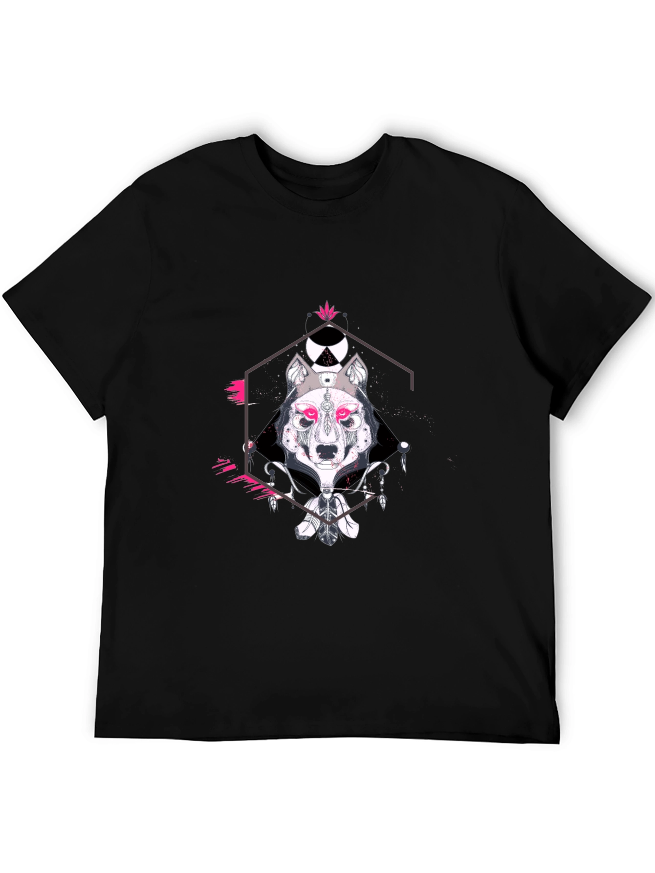 Geometric Wolf Graphic Print Black T-Shirt