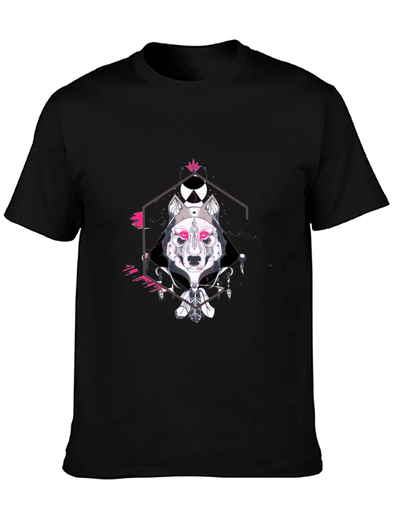 Geometric Wolf Graphic Print Black T-Shirt