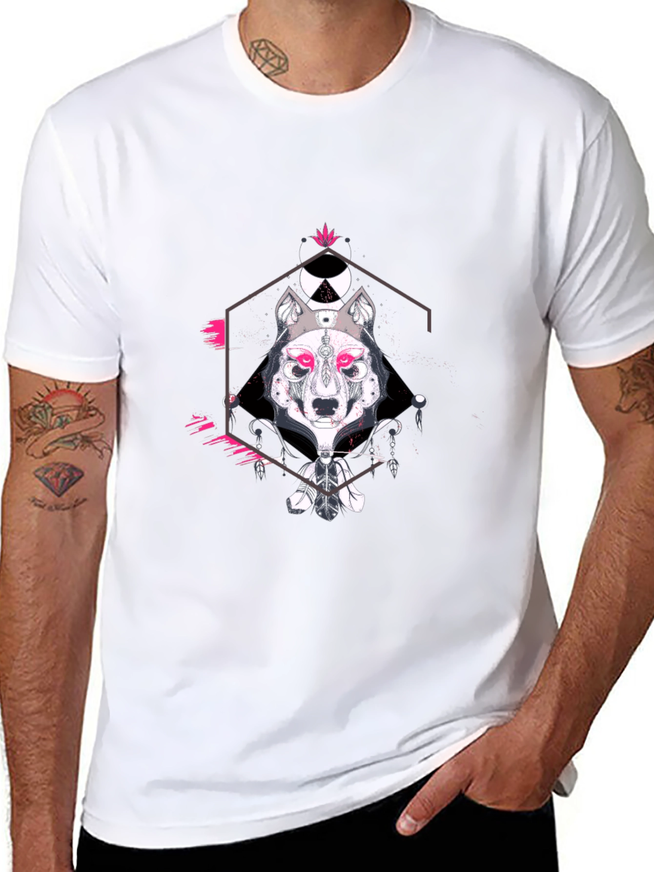 Geometric Wolf Graphic Print Black T-Shirt